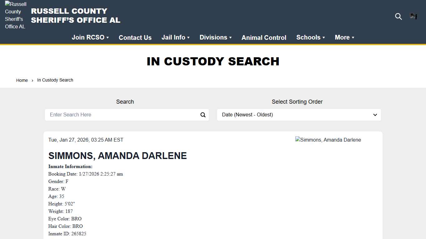 In Custody Search Russell County Sheriff’s Office AL
